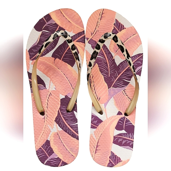 Tropical leaf flip flops w/jelly leopard straps | Size 9‎ - Picture 1 of 4